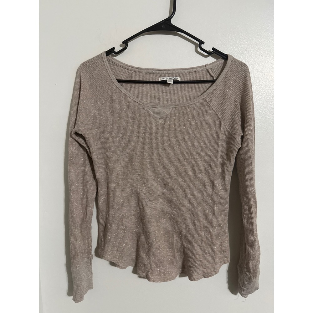 American Eagle Outfitters Shimmer Thermal Long Sleeve Scoop Neck Top Beige Small